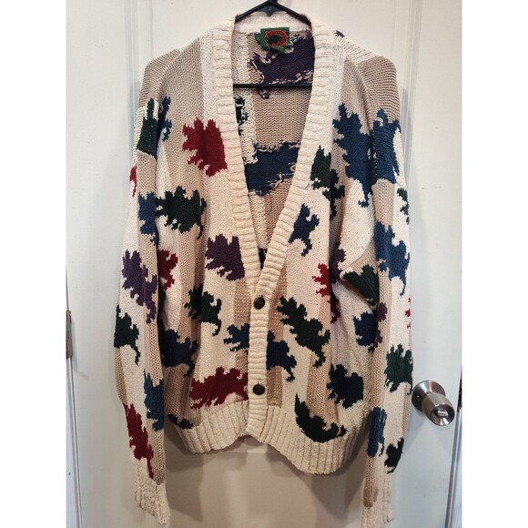 Women's Vintage Boston Trader's Knit Cardigan Leaf Pattern Stripes Cream XL - Picture 2 of 5